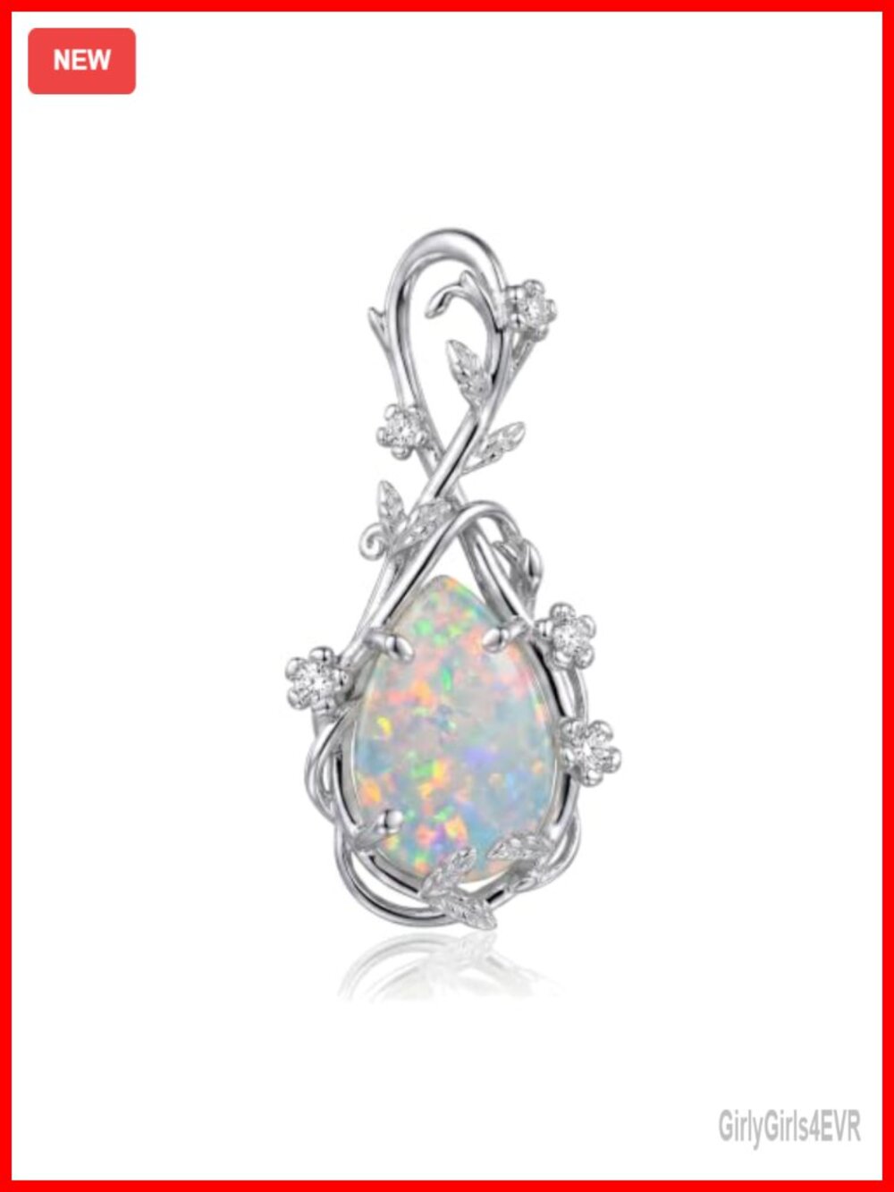 925 Sterling Silver Opal Teardrop Pendant Necklace Floral Branch